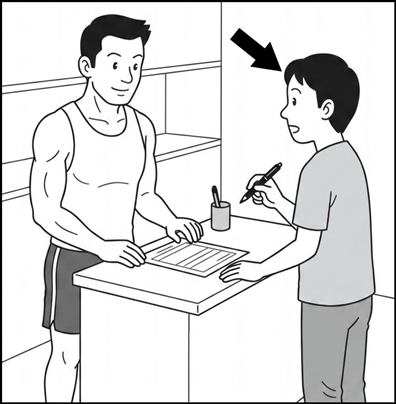 A man holding a pen at a small gym counter, about to ask the muscular instructor a question
