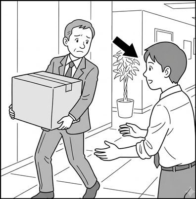 A young office worker reaching out to help a senior colleague who is carrying a heavy cardboard box