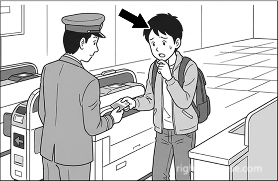 A man holding an IC card at a station gate, about to talk to a station staff member