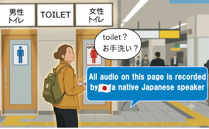 Japanese toilet signs: トイレ お手洗い 化粧室 and the kanji 男 (men) and 女 (women)
